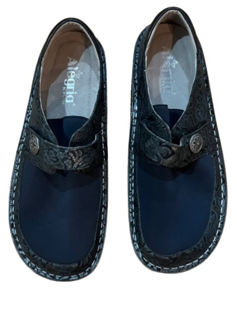 Alegria Women’s Brenna Floral-Embossed Loafers Sz 39 in Navy Swish Comfort Shoe